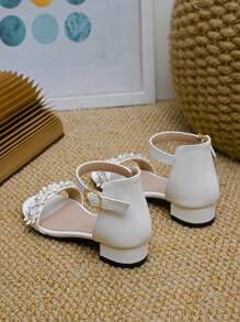 Girls Flower Decor Chunky Heeled Ankle Strap Sandals - Beige - View 2