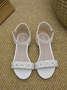 Girls Flower Decor Chunky Heeled Ankle Strap Sandals - Beige - View 4