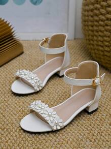 Girls Flower Decor Chunky Heeled Ankle Strap Sandals - Beige - View 5