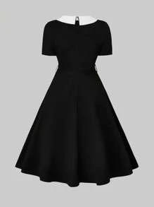 SHEIN Clasi Vestido con cinturón de cuello en contraste - Blanco y Negro - Ver 3