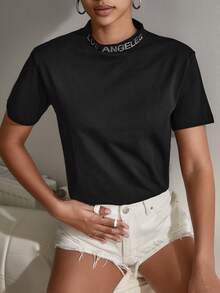 Cottnline Letter Rhinestone Mock Neck Tee - màu đen - Xem 2