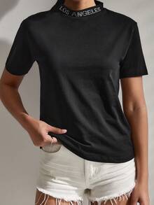 Cottnline Letter Rhinestone Mock Neck Tee - màu đen - Xem 4