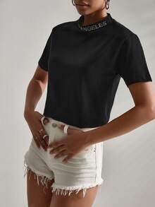 Cottnline Letter Rhinestone Mock Neck Tee - màu đen - Xem 5