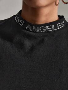 Cottnline Letter Rhinestone Mock Neck Tee - màu đen - Xem 6