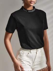 Cottnline Letter Rhinestone Mock Neck Tee - màu đen - Xem 1