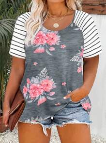 Plus Floral & Striped Print Raglan Sleeve Tee, Summer - Grey - View 1