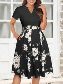 Vestido con estampado floral con bolsillo oculto - Negro - Ver 1