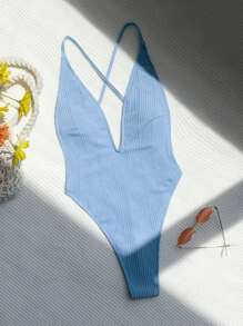 素色交叉連體泳衣 - 淺藍色 - 查看 3