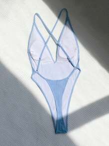 素色交叉連體泳衣 - 淺藍色 - 查看 4