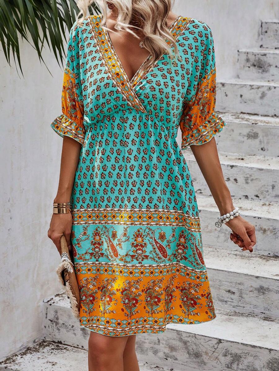 SHEIN LUNE Allover Print Flare Sleeve Dress - Green - View 1