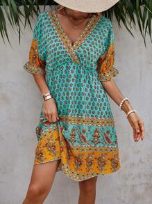 SHEIN LUNE Allover Print Flare Sleeve Dress - Green - View 4