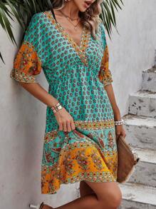 SHEIN LUNE Allover Print Flare Sleeve Dress - Green - View 5