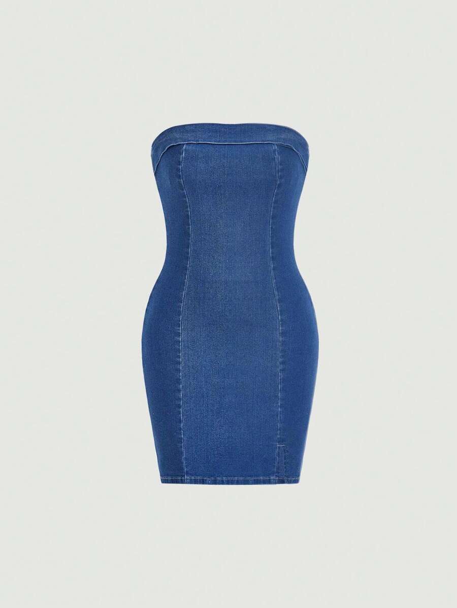 SHEIN MOD 素色抹胸緊身牛仔裙 - 中等水洗藍 - 查看 1