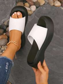 Fashionable Versatile Casual Women's Platform Wedge Sandals, Summer Slip-On Slippers, Outdoor Comfortable Sandals, Women's Minimalist Slide Sandals, Beach Vacation Casual Open Toe Thick Bottom Shoes, Stylish Comfortable Wedge Platform Sandals - White - View 3