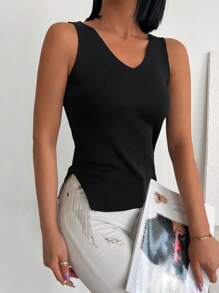 EURMUSE Fringe Hem Rib-knit Tank Top - màu đen - Xem 1