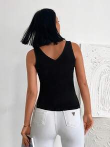 EURMUSE Fringe Hem Rib-knit Tank Top - màu đen - Xem 2