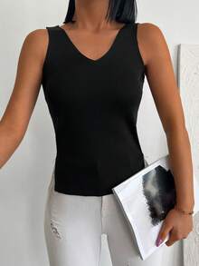 EURMUSE Fringe Hem Rib-knit Tank Top - màu đen - Xem 3