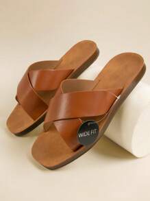 Faux Leather Slip On Flat Sandals - Brown - View 1