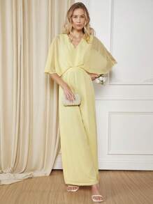 SHEIN Belle 素色蝙蝠袖闊腿連體褲 - 黃色 - 查看 1