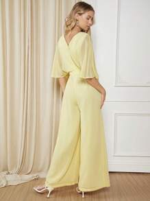 SHEIN Belle 素色蝙蝠袖闊腿連體褲 - 黃色 - 查看 2