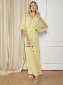 SHEIN Belle 素色蝙蝠袖闊腿連體褲 - 黃色 - 查看 7