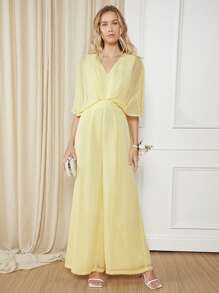 SHEIN Belle 素色蝙蝠袖闊腿連體褲 - 黃色 - 查看 5