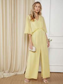 SHEIN Belle 素色蝙蝠袖闊腿連體褲 - 黃色 - 查看 4