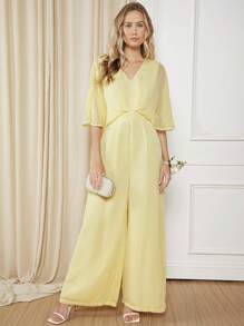 SHEIN Belle 素色蝙蝠袖闊腿連體褲 - 黃色 - 查看 6