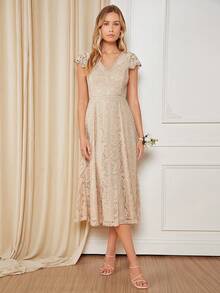 SHEIN Belle Váy phù dâu Dây kéo màu trơn - Màu be - Xem 5