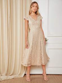 SHEIN Belle Váy phù dâu Dây kéo màu trơn - Màu be - Xem 4