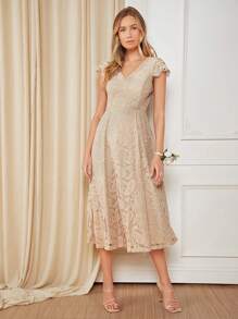 SHEIN Belle Váy phù dâu Dây kéo màu trơn - Màu be - Xem 1