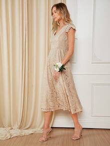 SHEIN Belle Váy phù dâu Dây kéo màu trơn - Màu be - Xem 6