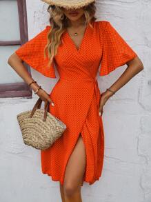 SHEIN VCAY Đầm Thắt nút Trọn gói Chấm bi Giải trí - trái cam - Xem 1