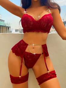 Floral Lace Underwire Garter Lingerie Set With 1pair Leg Ring - Burgundy - View 1