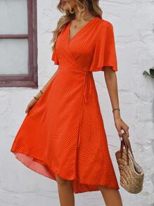 SHEIN VCAY Đầm Thắt nút Trọn gói Chấm bi Giải trí - trái cam - Xem 4
