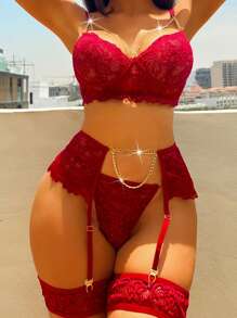 Floral Lace Underwire Garter Lingerie Set With 1pair Leg Ring - Burgundy - View 3