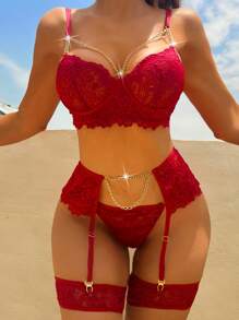 Floral Lace Underwire Garter Lingerie Set With 1pair Leg Ring - Burgundy - View 4