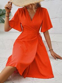 SHEIN VCAY Đầm Thắt nút Trọn gói Chấm bi Giải trí - trái cam - Xem 6