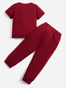 SHEIN 小男童標語補丁貼T恤和運動褲 - 酒紅色 - 查看 2