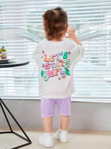 SHEIN 寶寶女孩口號圖案垂肩t恤和短褲套裝 - 紫丁香色 - 查看 1