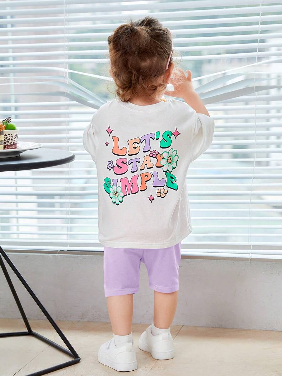 SHEIN 寶寶女孩口號圖案垂肩t恤和短褲套裝 - 紫丁香色 - 查看 1