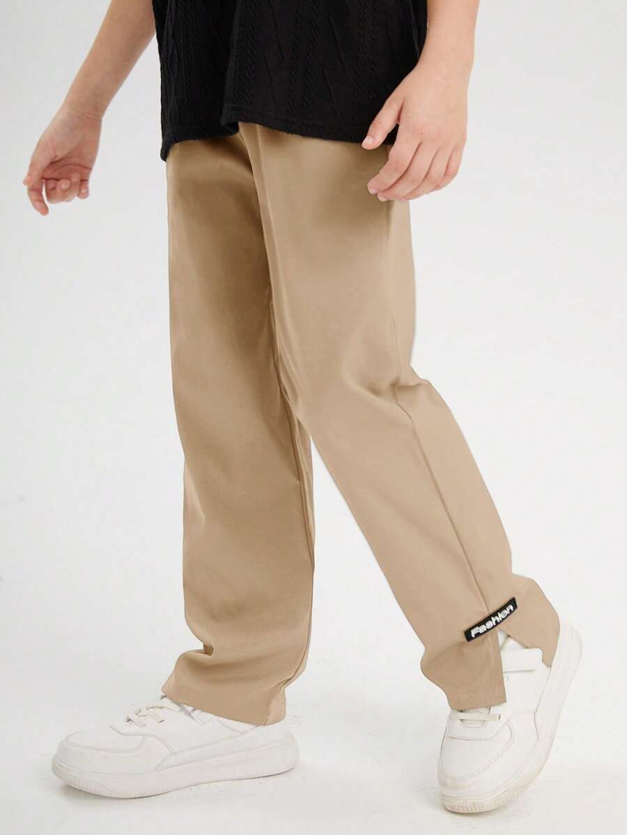 SHEIN Tween Boy Casual Versatile Letter Graphic Solid Color Pants - Khaki - View 1