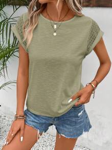 SHEIN Frenchy Women's Summer Round Neck Lace Short Sleeve Jumpsuit T-Shirt,Teacher T Shirt,Teacher Outfits,Teacher Clothes - Army Green - View 3
