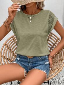 SHEIN Frenchy Women's Summer Round Neck Lace Short Sleeve Jumpsuit T-Shirt,Teacher T Shirt,Teacher Outfits,Teacher Clothes - Army Green - View 6