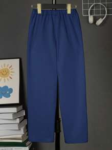 SHEIN Leap Crew Cậu bé Tween Chi tiết Patched thư Eo dây rút Quần thể thao - Màu xanh lam - Xem 5