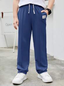 SHEIN Leap Crew Cậu bé Tween Chi tiết Patched thư Eo dây rút Quần thể thao - Màu xanh lam - Xem 8