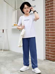 SHEIN Leap Crew Cậu bé Tween Chi tiết Patched thư Eo dây rút Quần thể thao - Màu xanh lam - Xem 9