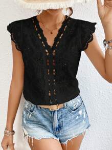 SHEIN Frenchy Guipure Lace Panel Cap Sleeve Blouse Summer Black - Black - View 1