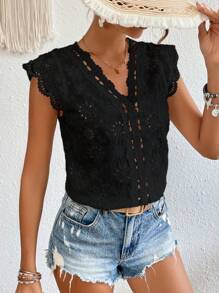 SHEIN Frenchy Guipure Lace Panel Cap Sleeve Blouse Summer Black - Black - View 3