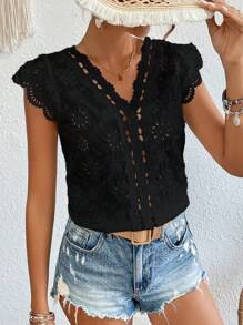 SHEIN Frenchy Guipure Lace Panel Cap Sleeve Blouse Summer Black - Black - View 4